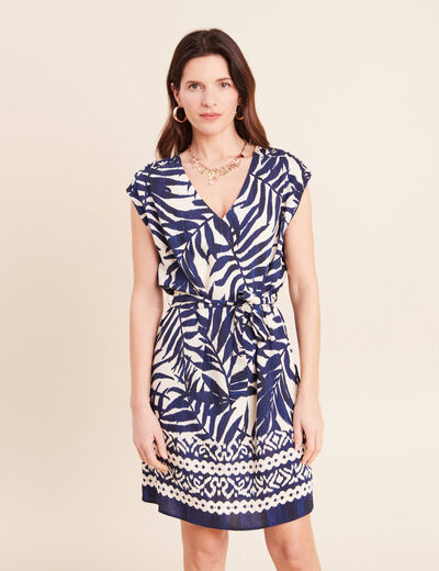 Robe droite courte col V manches courtes bleu femme