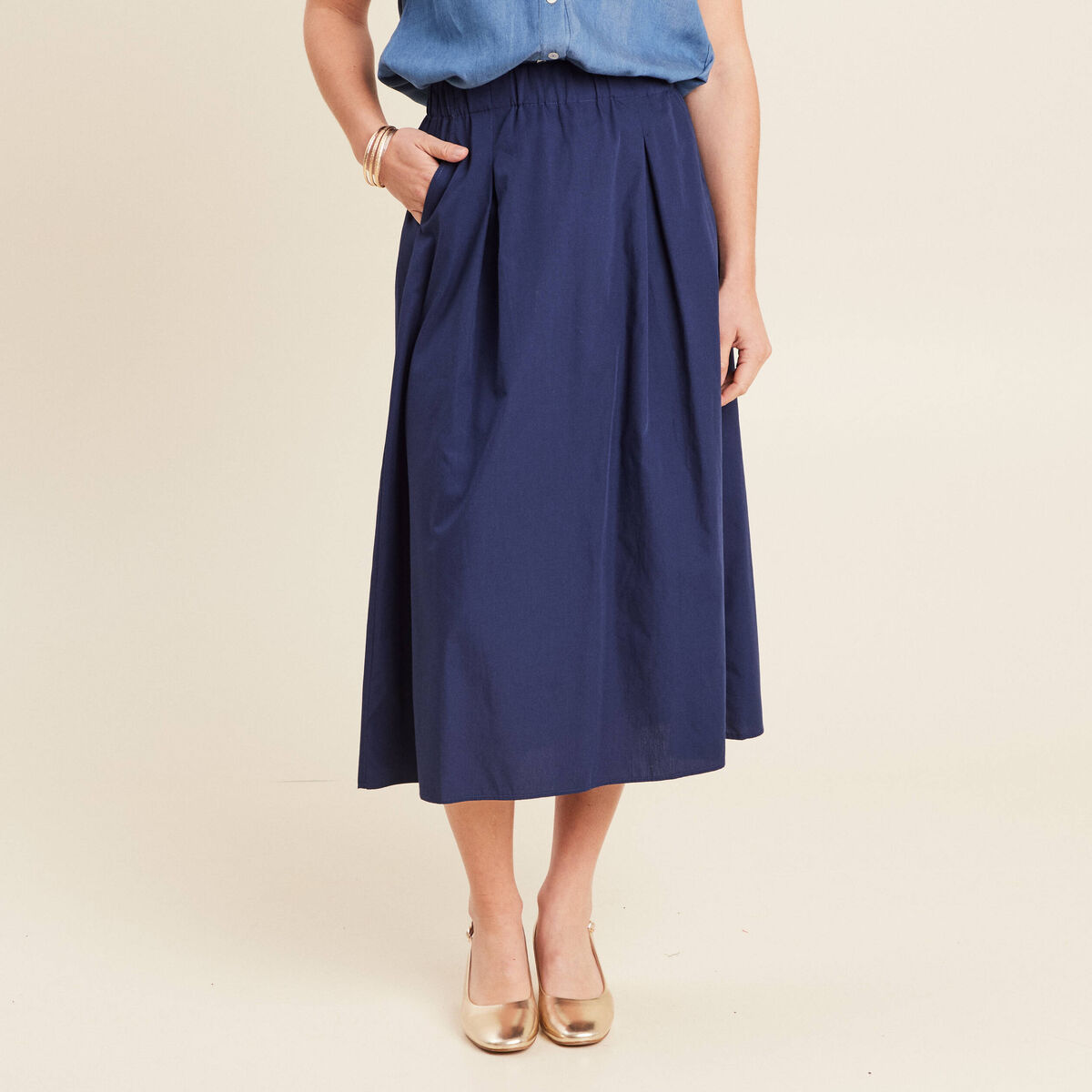 Jupe longue évasée bleu foncé femme
