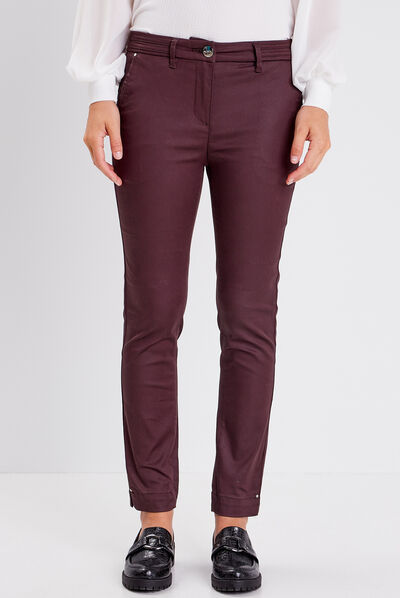 Pantalon ajusté enduit 7/8ème marron foncé femme
