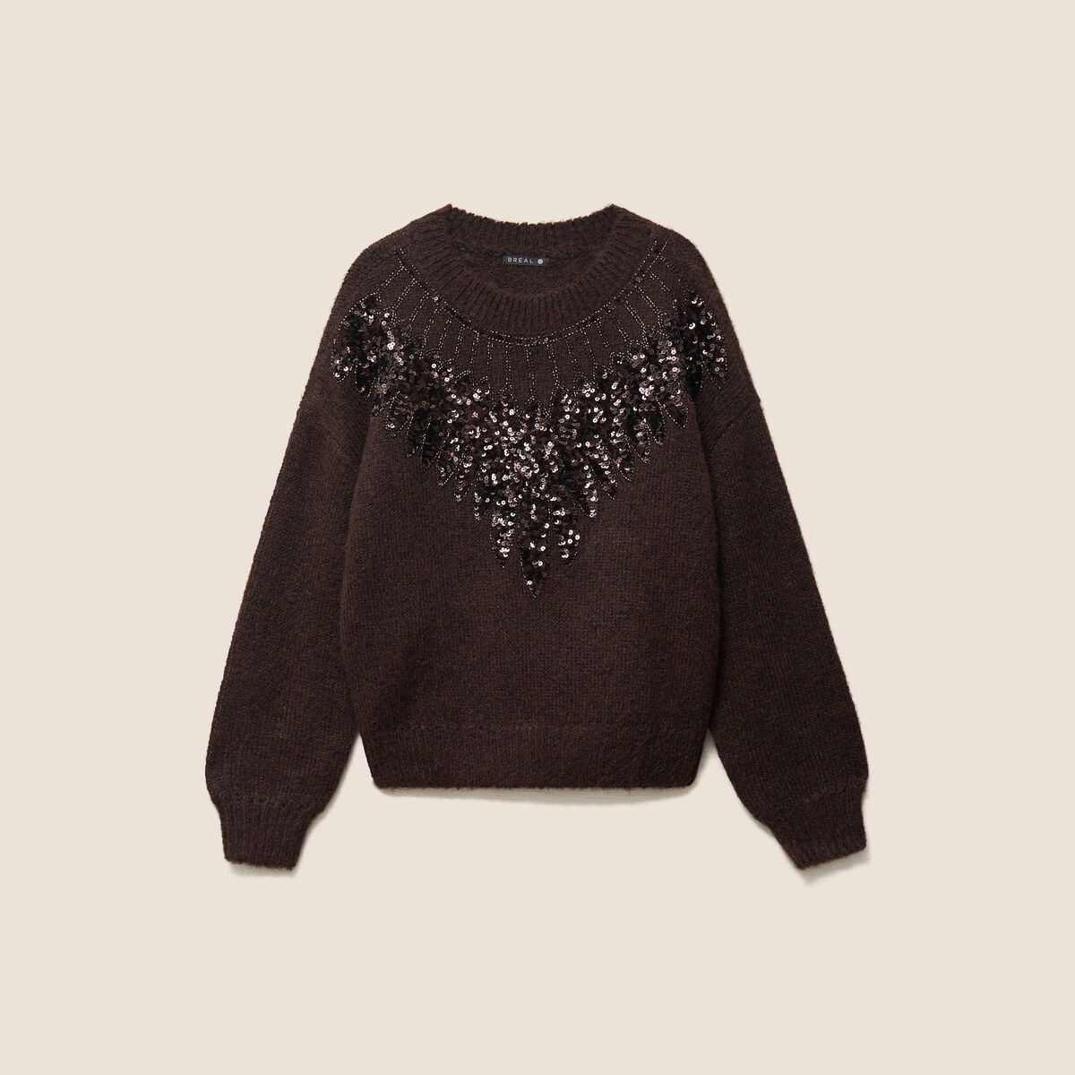 Pull col rond &agrave; sequins marron fonc&eacute; femme