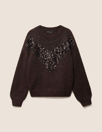 Pull col rond &agrave; sequins marron fonc&eacute; femme