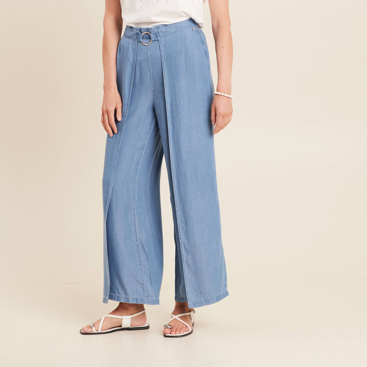 Pantalon large avec pans denim double stone femme