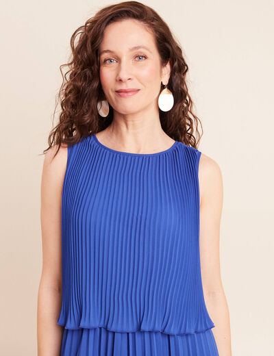 Robe longue &eacute;vas&eacute;e pliss&eacute;e sans manches bleu fonc&eacute; femme