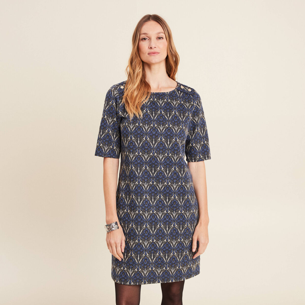 Robe droite manches 3/4 bleu femme