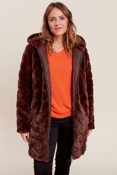 Manteau fausse fourrure réversible marron foncé femme