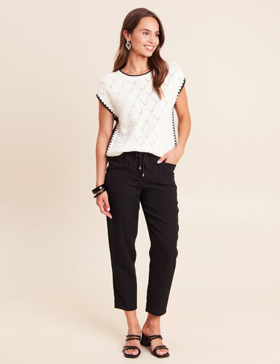 Pull ajour&eacute; sans manches col rond ecru femme