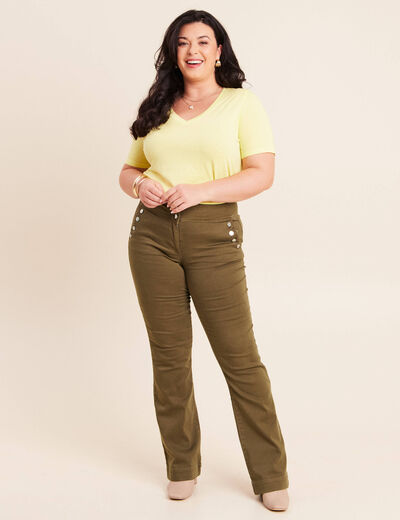 Pantalon coupe bootcut &agrave; pont vert kaki femme