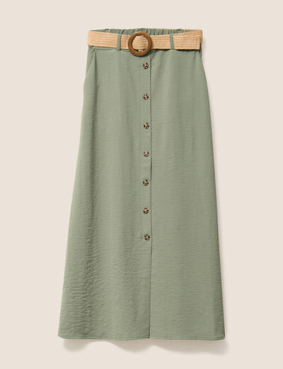 Jupe longue évasée ceinture amovible vert kaki femme