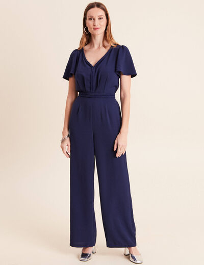 Combinaison large col v manches courtes bleu marine femme