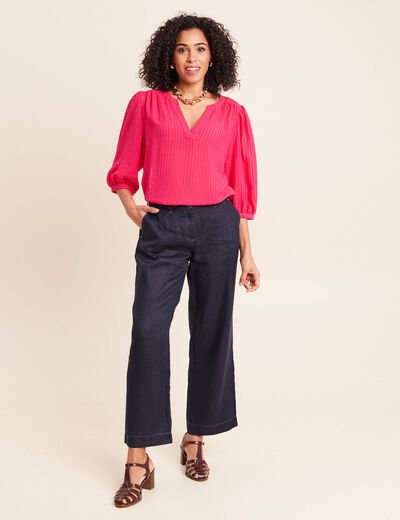Blouse ample col tunisien manches 3/4 rose fushia femme
