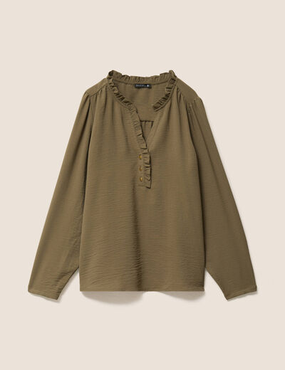 Blouse manches longues col ras du cou vert kaki femme