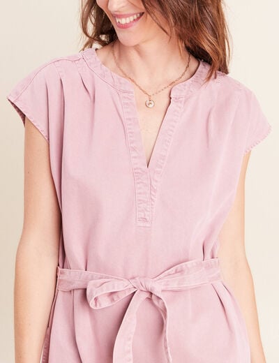 Robe courte ceintur&eacute;e col tunisien rose femme