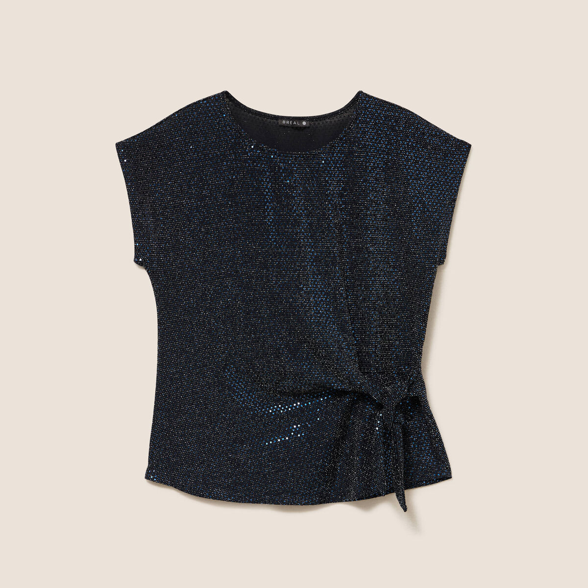 T-shirt cintr&eacute; &agrave; sequins col rond bleu marine femme