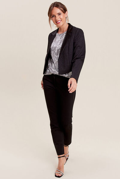 Veste ajustée col en satin noir femme