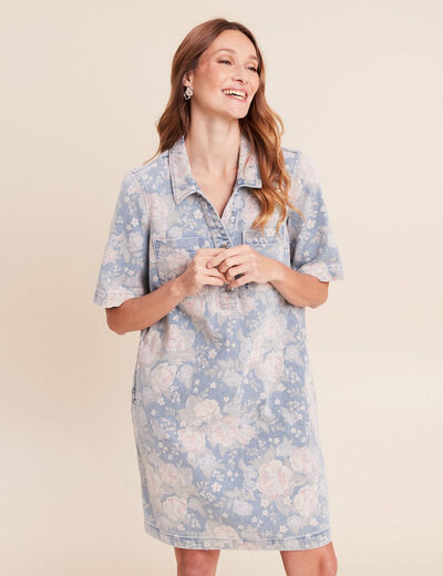 Robe droite courte en jean col chemise rose femme