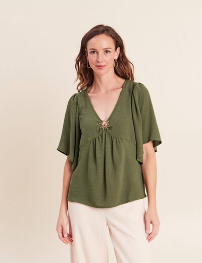 Blouse ample col v manches courtes vert kaki femme