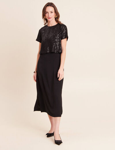 Robe longue &eacute;vas&eacute;e 2 en 1 col rond noir femme
