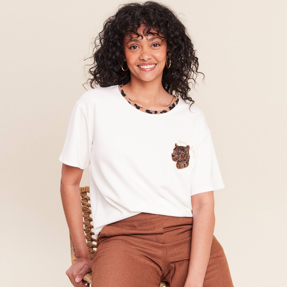 T-shirt col rond manches courtes ecru femme