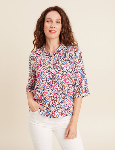 Chemise fluide col chemise manches 3/4 bleu femme