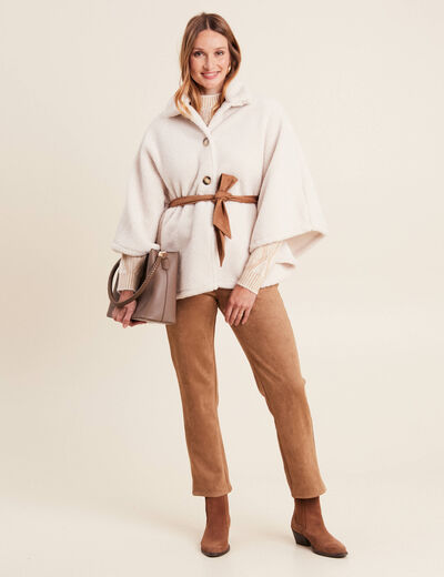 Poncho boutonn&eacute; ceintur&eacute; ecru femme