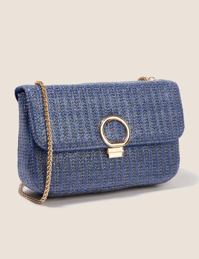 Sac raphia bandouli&egrave;re cha&icirc;ne bleu fonc&eacute; femme