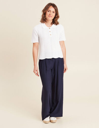 Pull manches courtes col polo blanc femme