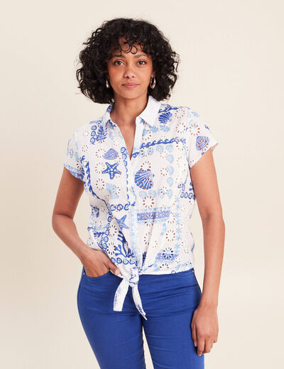 Chemisier ajust&eacute; manches courtes brod&eacute; bleu femme