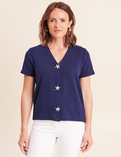 T-shirt col v manches courtes bleu marine femme