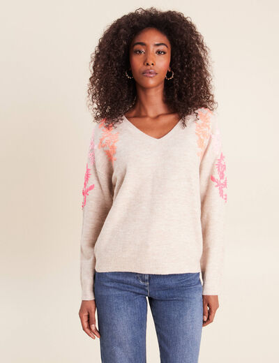 Pull col v avec broderie beige femme