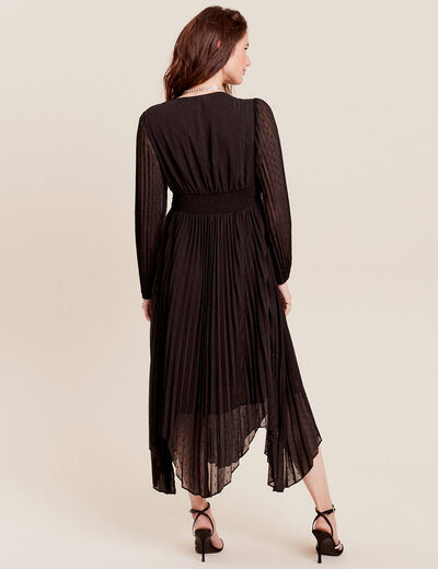 Robe longue évasée plissée noir femme