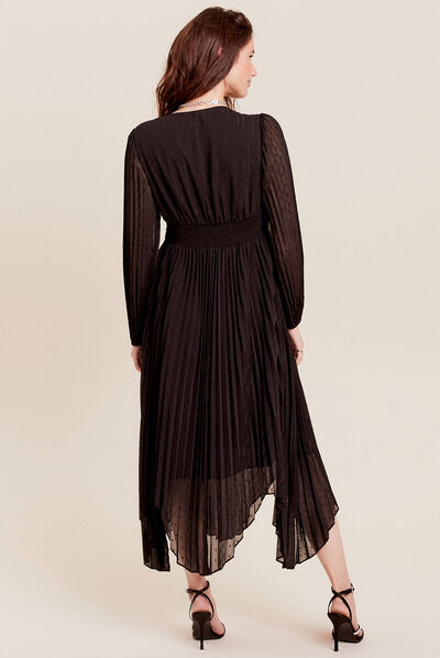 Robe longue évasée plissée noir femme