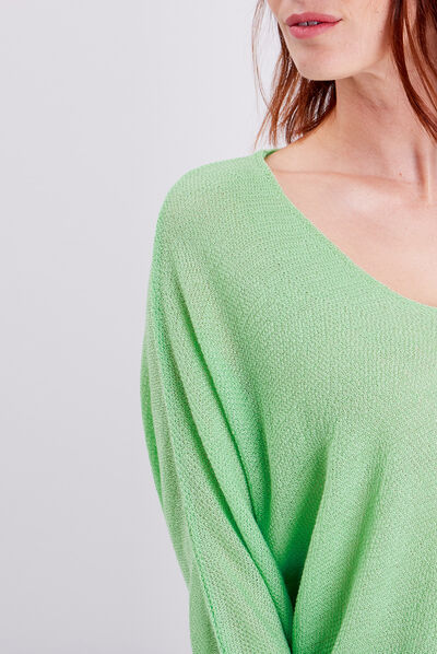 Pull manches longues col en V vert fluo femme