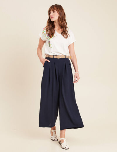Pantalon jupe-culotte large bleu foncé femme