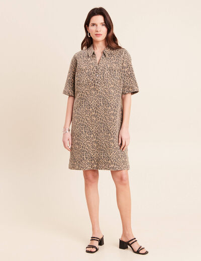 Robe courte droite imprim&eacute;e l&eacute;opard marron femme