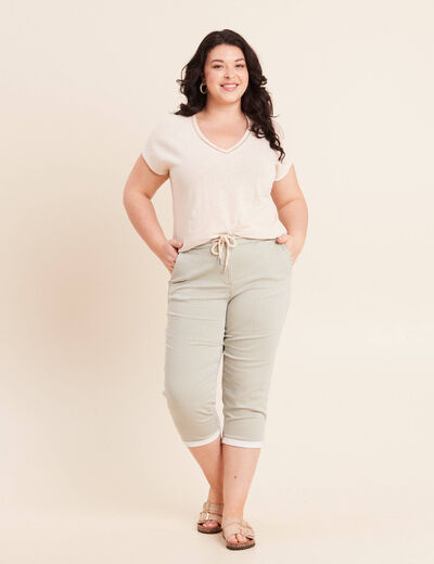 T-shirt col v manches courtes aspect lin beige femme