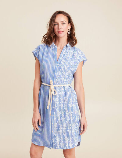 Robe droite courte col chemise ceinture bleu clair femme