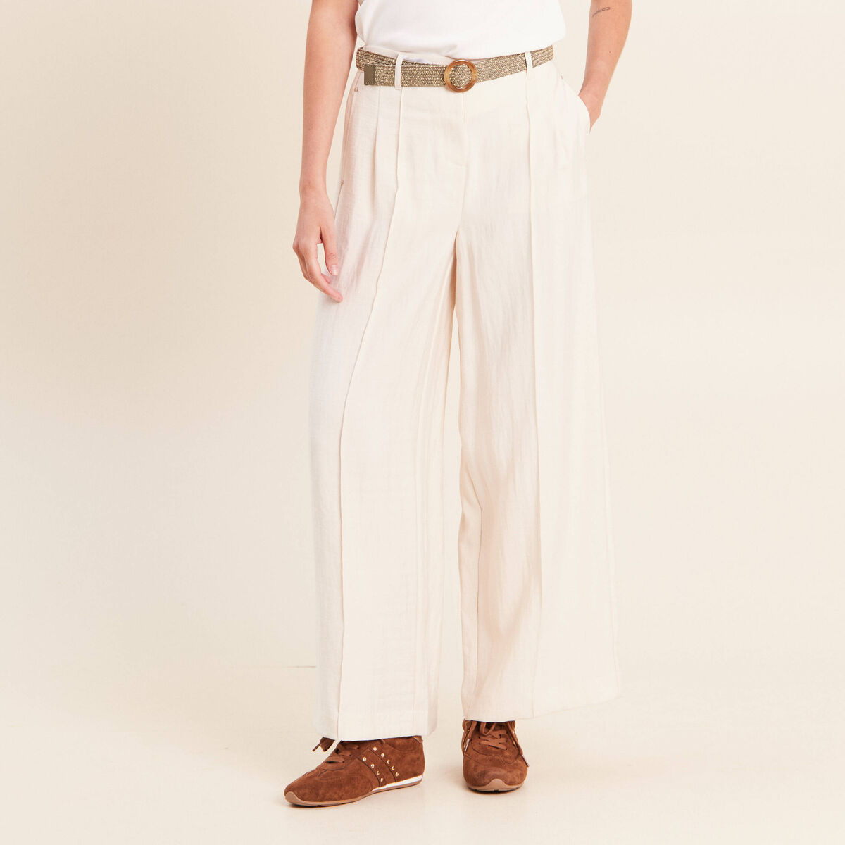 Pantalon large avec ceinture amovible ivoire femme