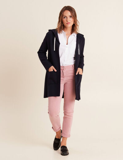 Gilet long à capuche bleu foncé femme