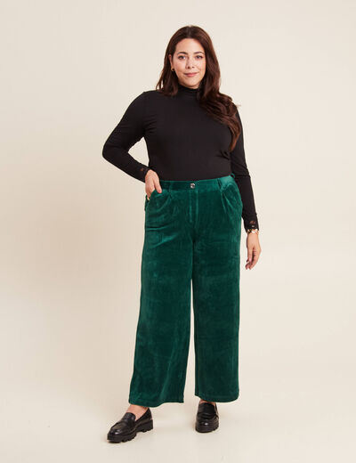 Pantalon large velours vert foncé femme