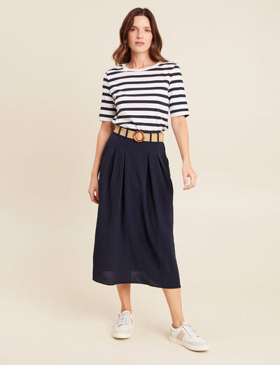 Jupe longue évasée ceinturée bleu foncé femme