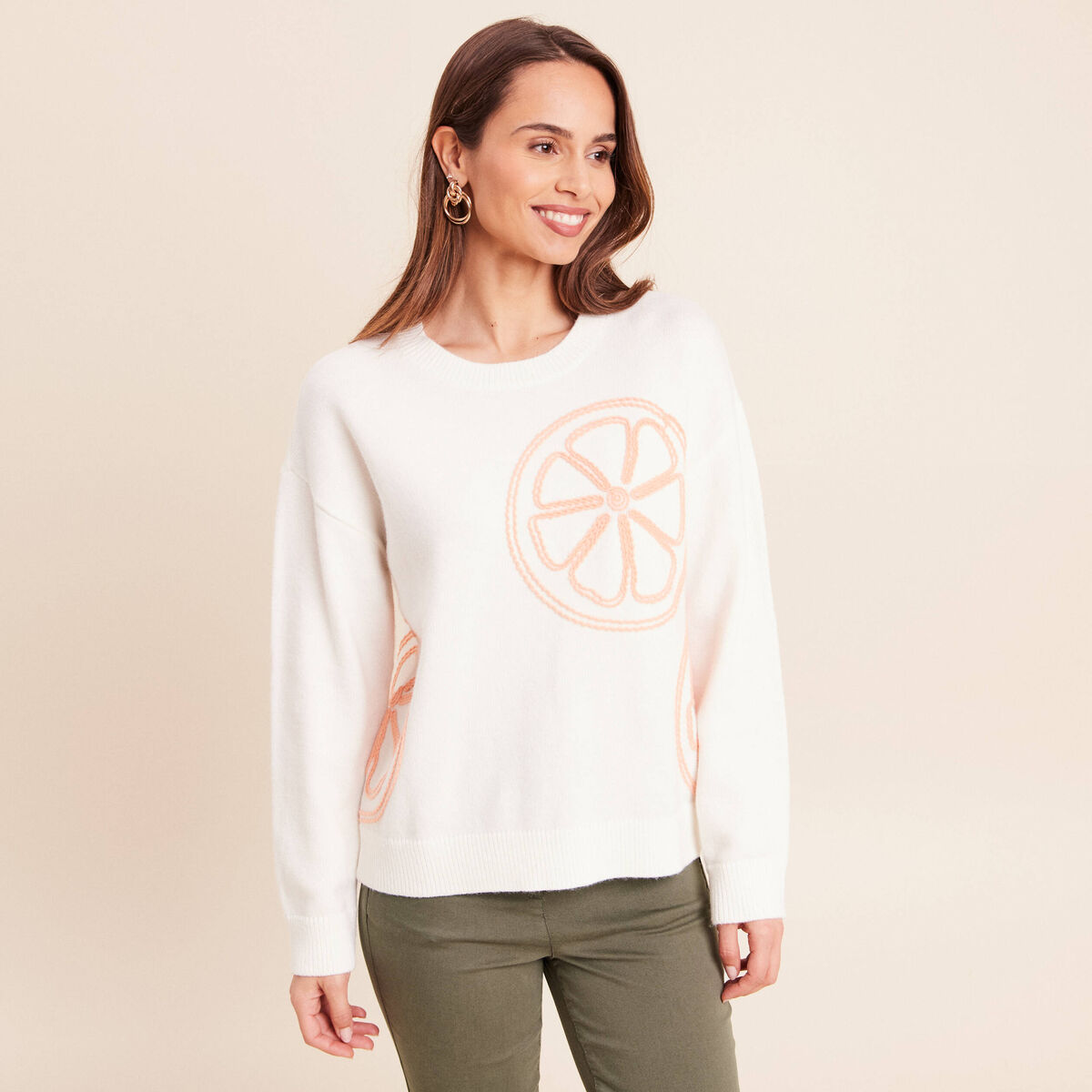 Pull droit col rond manches longues ecru femme