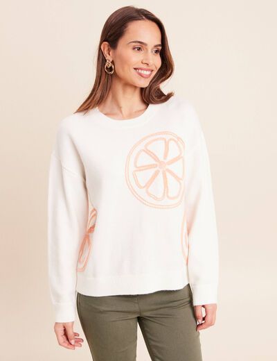 Pull droit col rond manches longues ecru femme