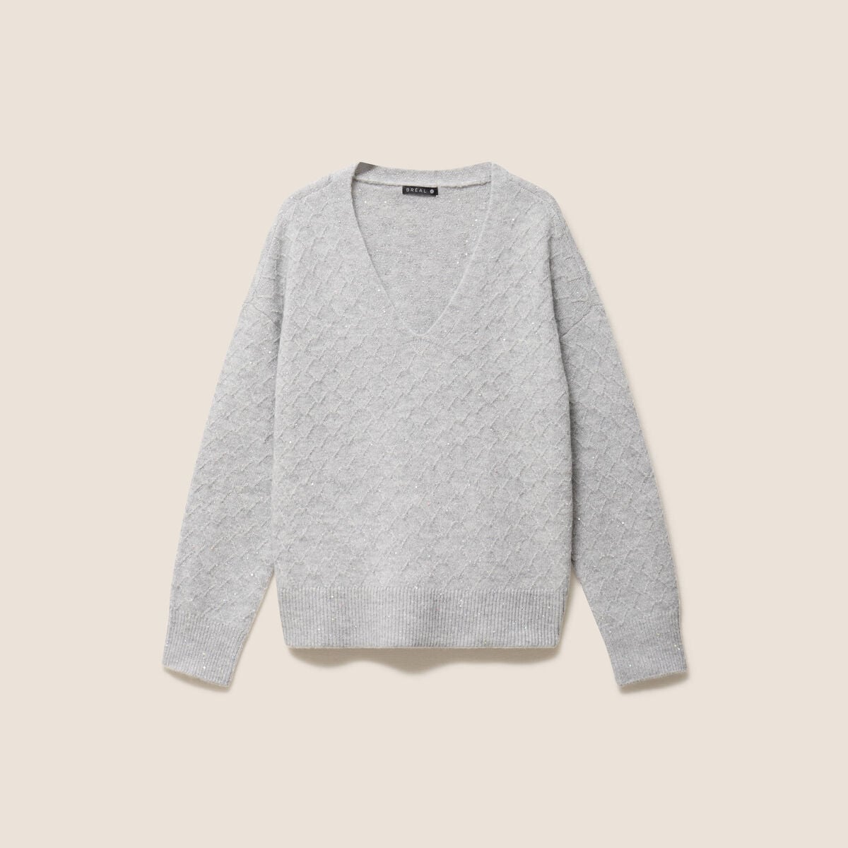 Pull col v &agrave; sequins gris clair femme