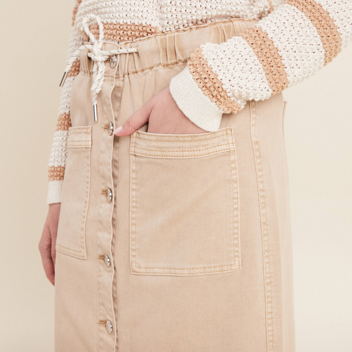 Jupe longue droite en jean denim beige femme