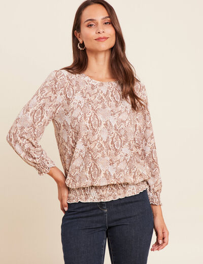 T-shirt col rond manches 3/4 beige femme