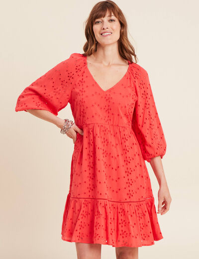 Robe courte manches 3/4 fluide rouge corail femme