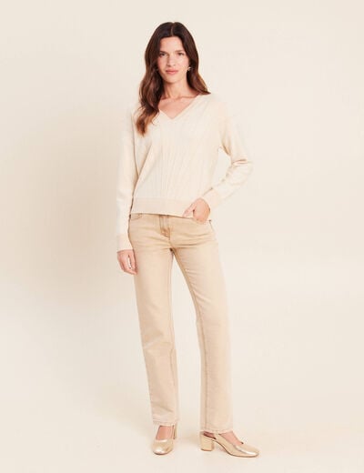 Pull ajust&eacute; col v manches longues couleur or femme