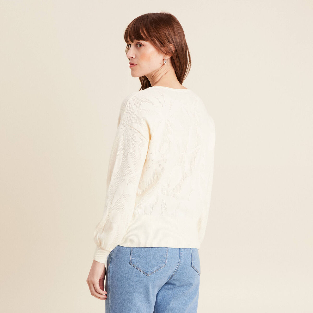 Pull manches longues ajouré ecru femme