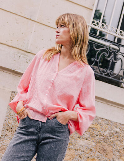 Chemise ample col v manches longues rose femme