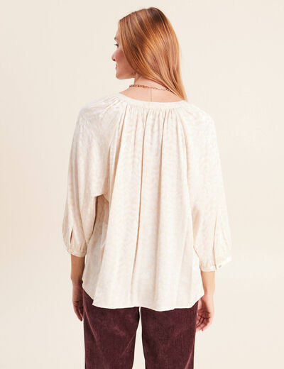 Chemise ample jacquard col v manches 3/4 blanc femme